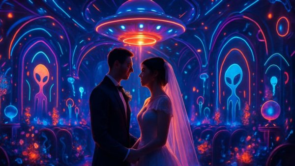 Alien Decor for Weddings: Couple with glowing sci-fi decorations.