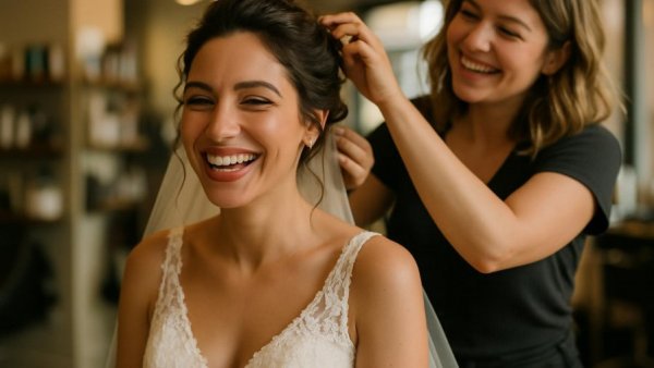 Bride smiling while getting ready, showcasing joy before embracing rain on her wedding day.