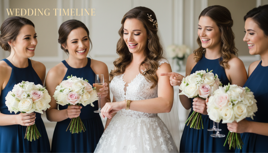 Close-up of a joyful bride checking her watch, surrounded by happy bridesmaids, Wedding Day Schedule.