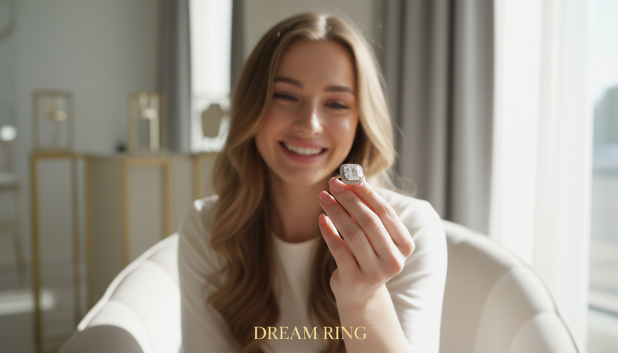 A joyful young woman admiring custom engagement rings in a chic showroom.