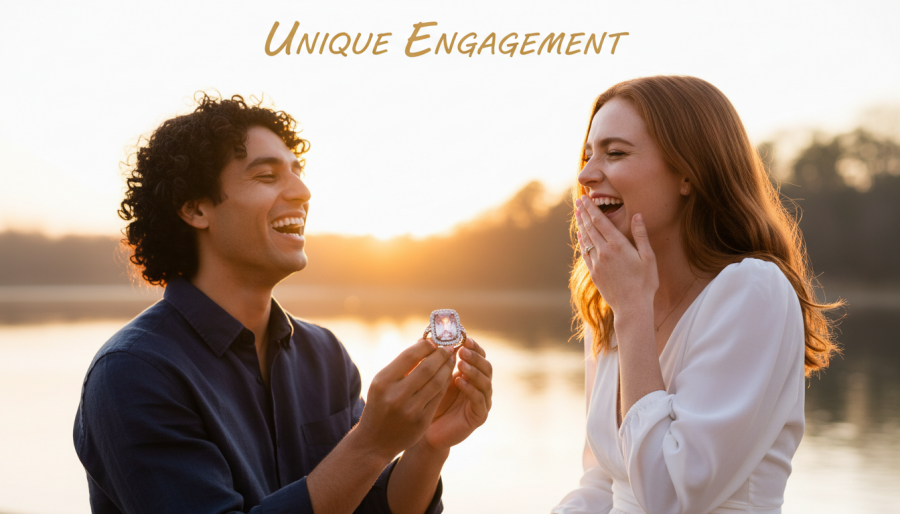 Joyful diverse couple proposal with unique engagement ring, golden hour light.
