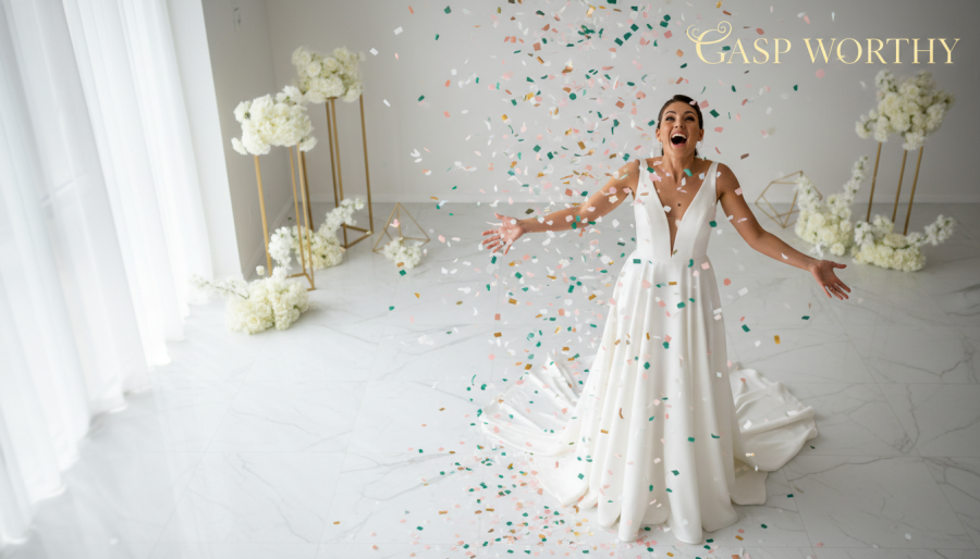 Joyful bride in modern gown, celebrating with confetti, showcasing unique wedding decor ideas.