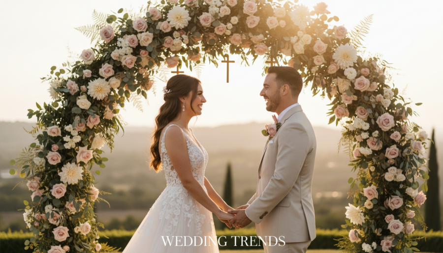 Joyful bride and groom under a floral arch, exemplifying personalized wedding inspirations.