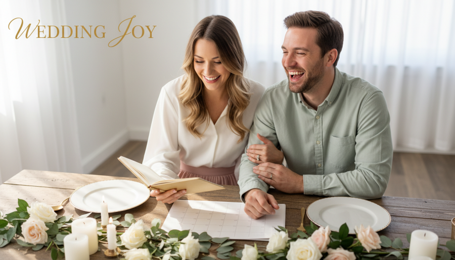 Joyful couple planning a Christ-centered marriage under soft morning light.