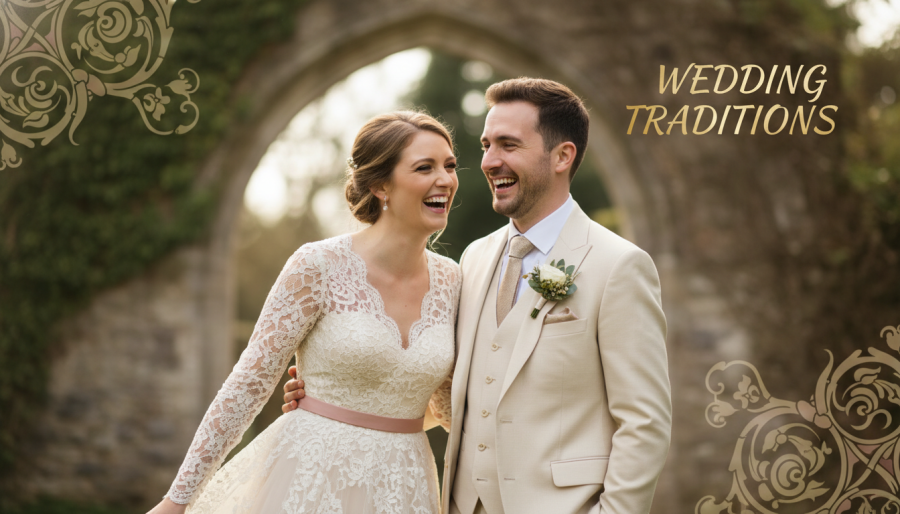 Joyful couple in stylish wedding attire celebrating joyful wedding customs in soft daylight.