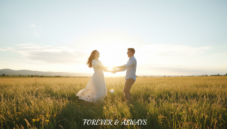 Joyful couple spinning in golden hour field, capturing love stories with creative engagement photo inspiration.