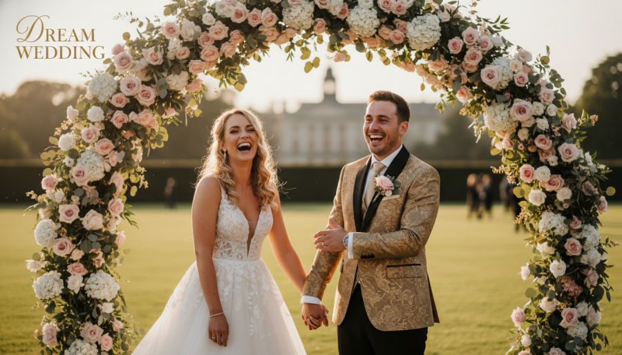 Joyful bride and groom by a floral arch, highlighting stunning wedding color palettes.