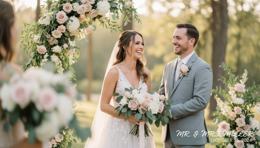 Joyful couple exchanging smiles at their Christian wedding ceremony with floral arrangements.