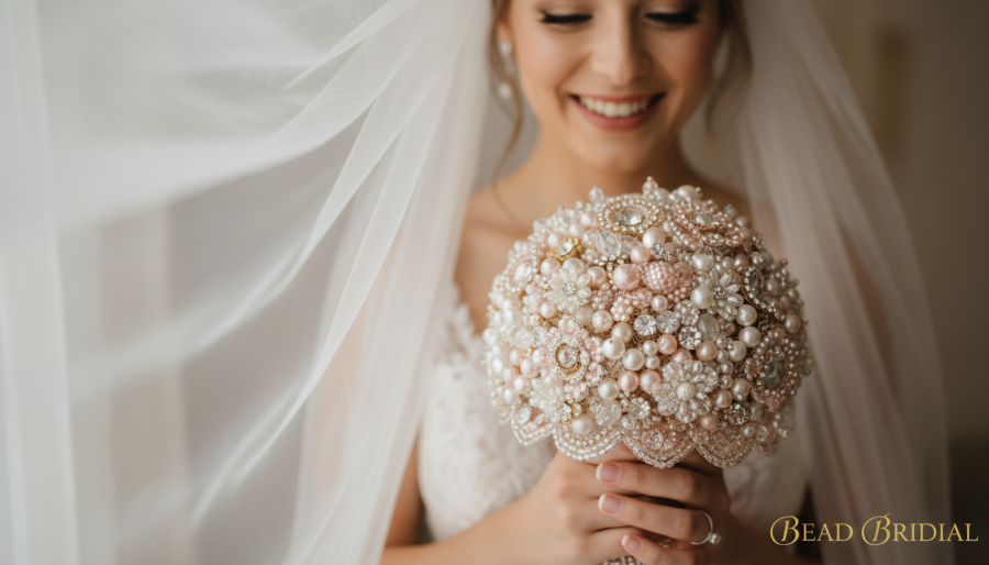 Joyful bride with a sparkling bead bouquet, showcasing unique wedding ideas in natural light.