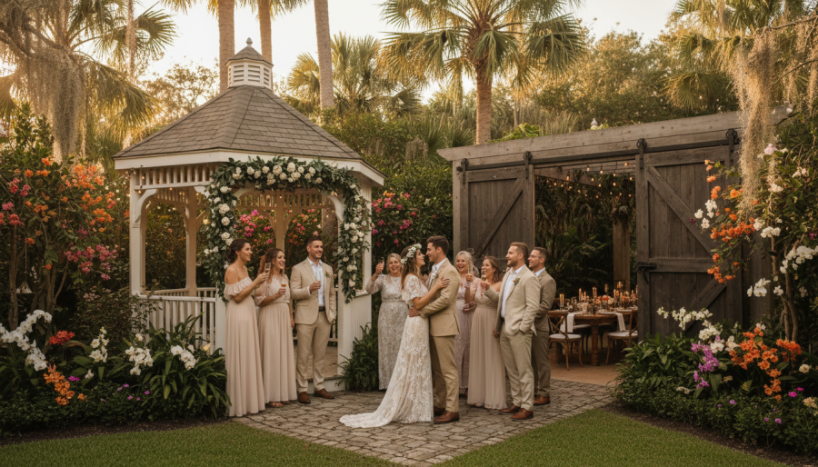 Micro wedding venues in Florida: friends and family celebrate in a lush garden.