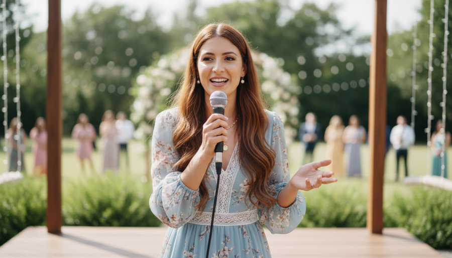 Woman sharing wedding planning advice in a beautiful outdoor setting.