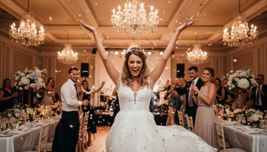 Joyful bride celebrating at reception, enhancing unique wedding guest experiences.