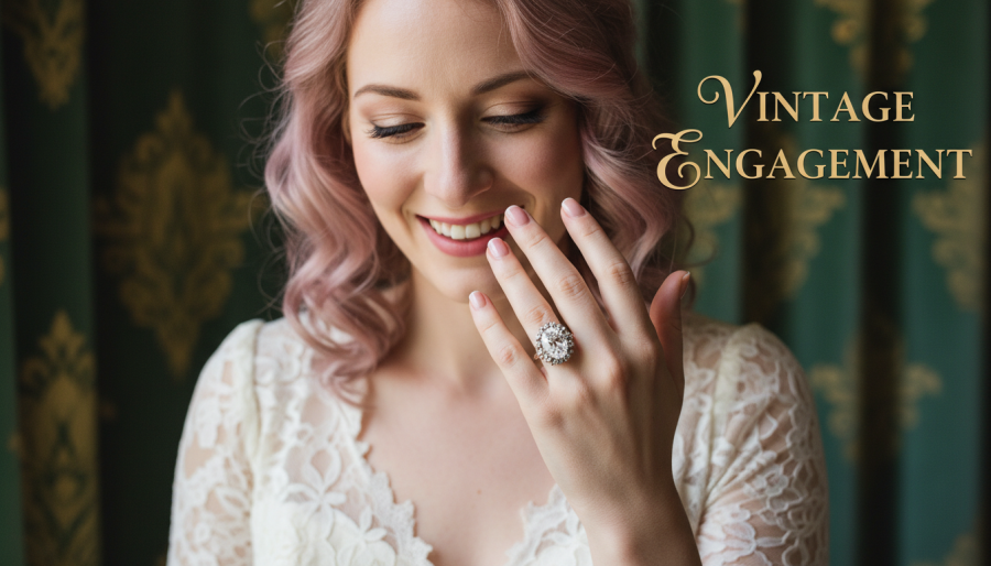 A joyful bride admiring her vintage engagement ring, symbolizing commitment and timeless rings.