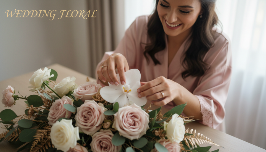 Joyful bride creating budget-friendly florals in soft morning light.