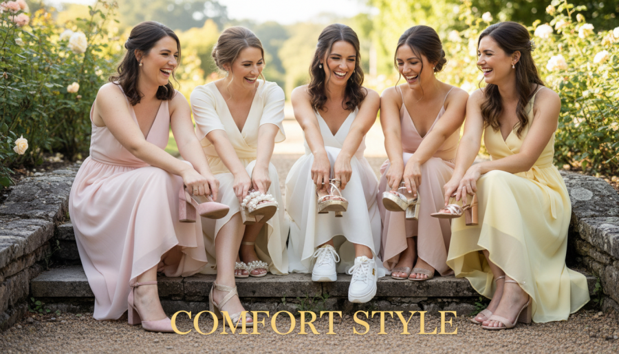 Bridesmaids in pastel dresses showcase stylish shoes, embodying bridal party comfort.