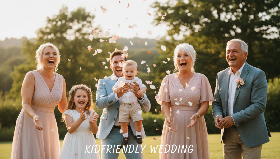 Joyful multi-generational family celebrating a kid-friendly wedding outdoors.