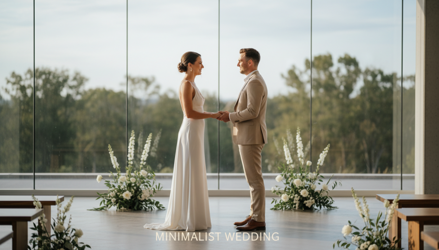 A sophisticated couple exchanging vows in a sunlit venue, showcasing a MINIMALIST WEDDING style.
