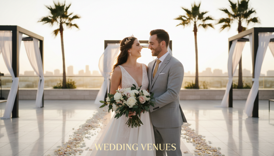Elegant couple at a sunlit rooftop wedding venue, radiating joy and style.