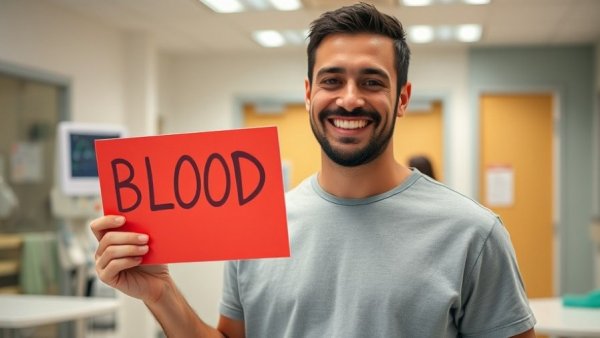 Smiling man with a blood donation sign in a casual setting.