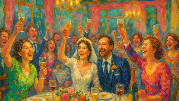 Colorful wedding party celebrating, raising glasses indoors.