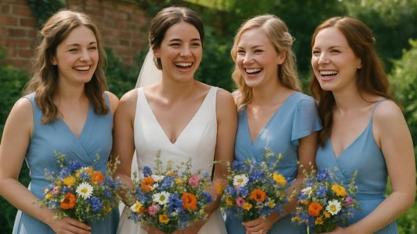 Bridal party with wildflower wedding bouquets outdoors.
