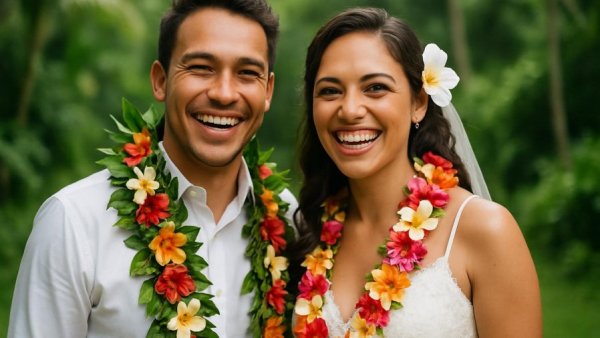 Joyful couple with Hawaiian flower leis at their wedding.