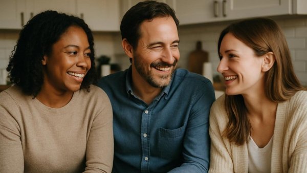 Three people smiling warmly in a cozy kitchen, conveying heartfelt connection.