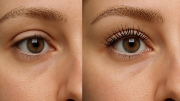 Close-up before and after lash lift for wedding day prep.
