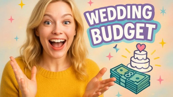 Excited woman discussing wedding budgeting with vibrant graphics.