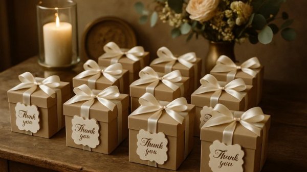 Elegant and useful wedding favors on a rustic table.