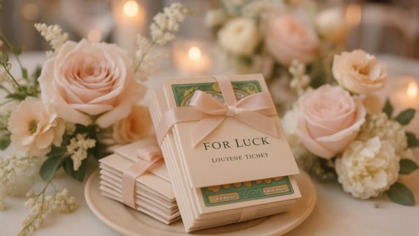 Elegant lottery ticket wedding favors on decorated table.
