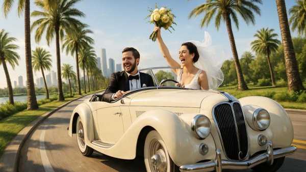 Wedding transportation options: Newlyweds in vintage car on scenic road.