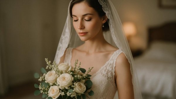 Bride holding bouquet, serene and elegant, pink wedding bouquet ideas.