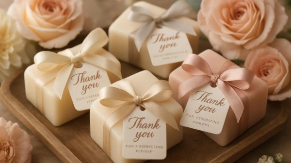 Elegant soap wedding favors with pastel colors and ribbons.