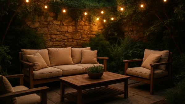 Cozy outdoor wedding lounge with string lights, 2026 wedding trends.
