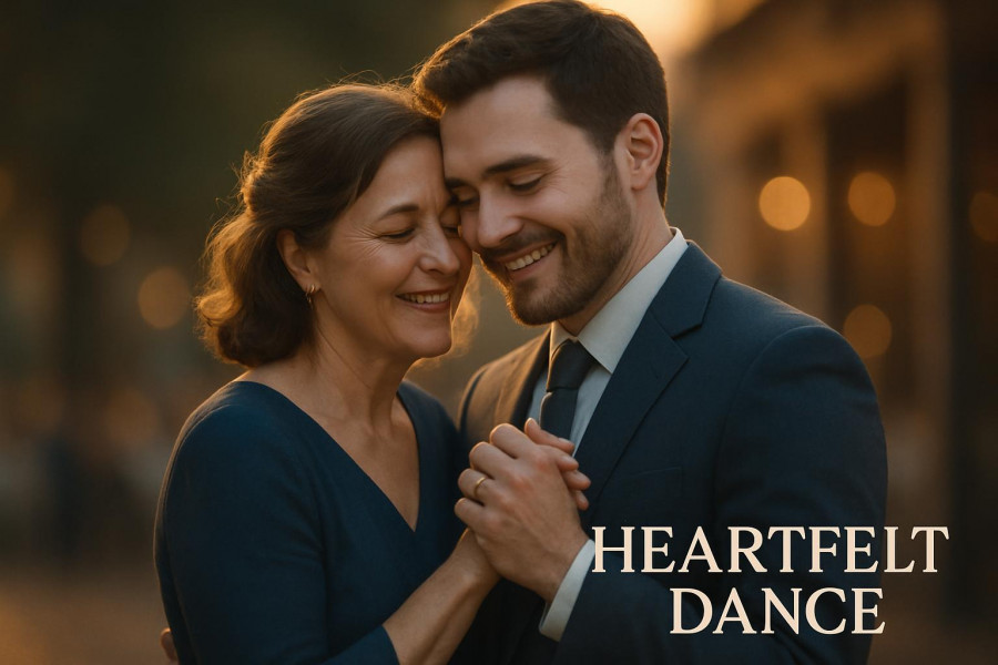 Emotional mother-son dance in warm light, featuring popular wedding dance song ideas.