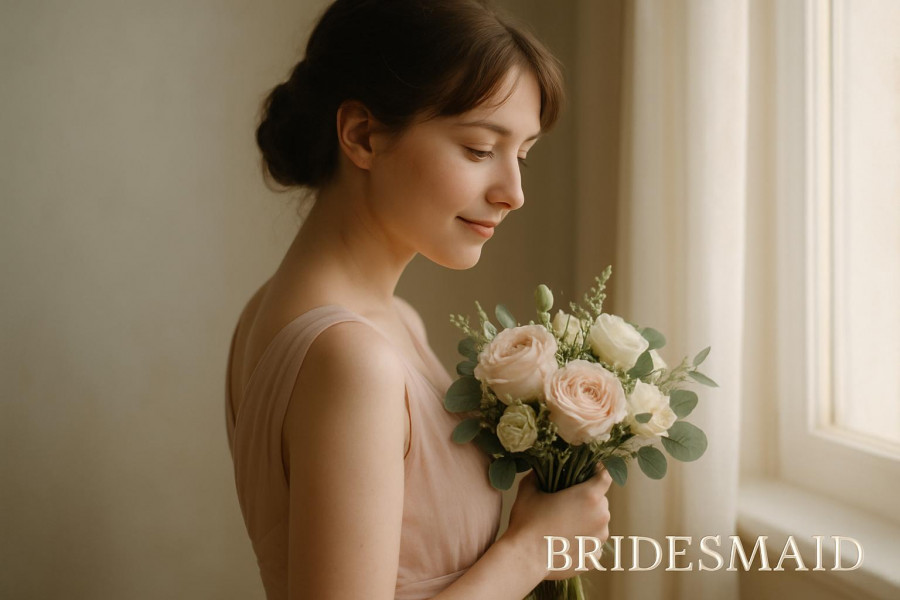 Bridesmaid in soft pastel dress by window, capturing quiet moments at weddings.