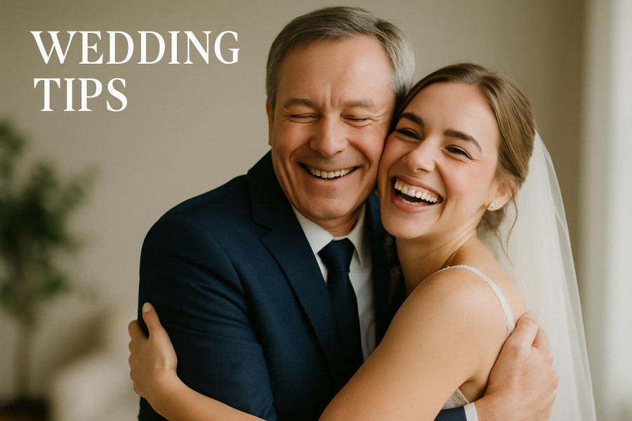 Emotional wedding moments: father of the bride hugging his daughter, sharing joy.