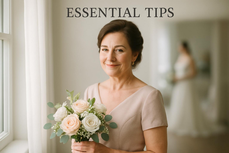 Elegant mother of the bride in soft blush, offering wedding planning tips by a window.