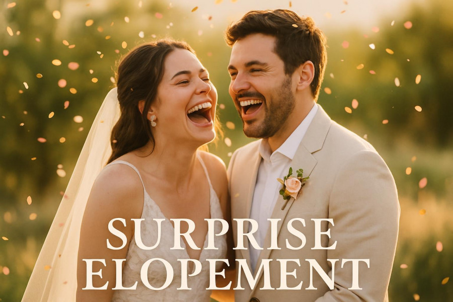 Joyful couple laughing during a surprise elopement, golden hour glow, romantic elopement ideas.