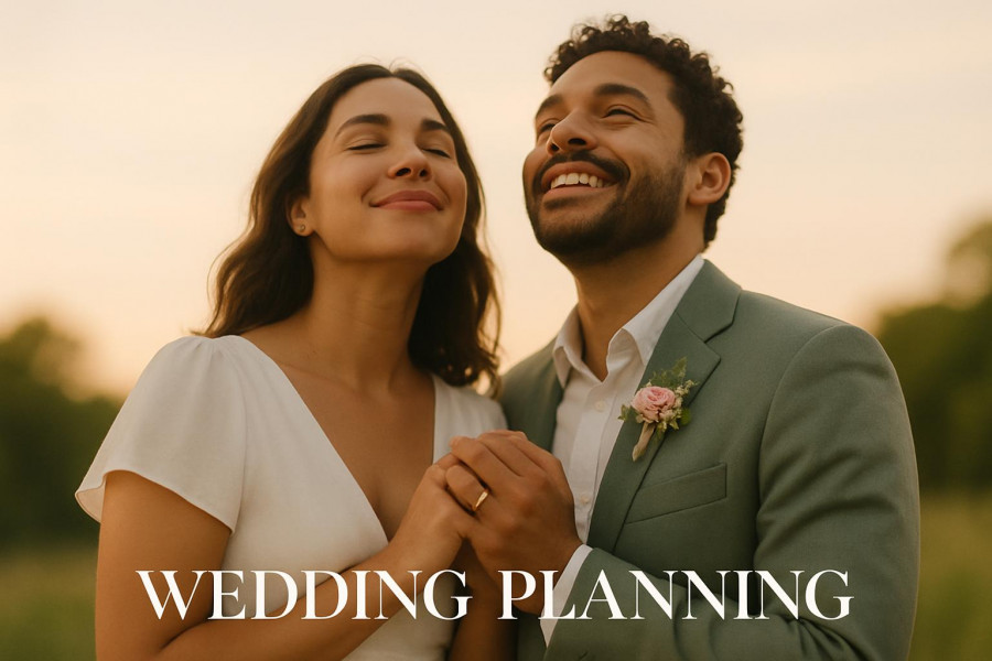 Joyful couple holding hands in golden hour, showcasing faith-based wedding planning.