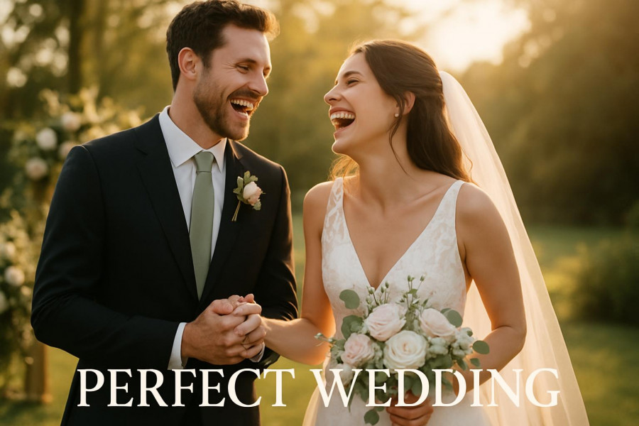 Joyful couple laughing in sunlit garden, embracing wedding trends 2026.