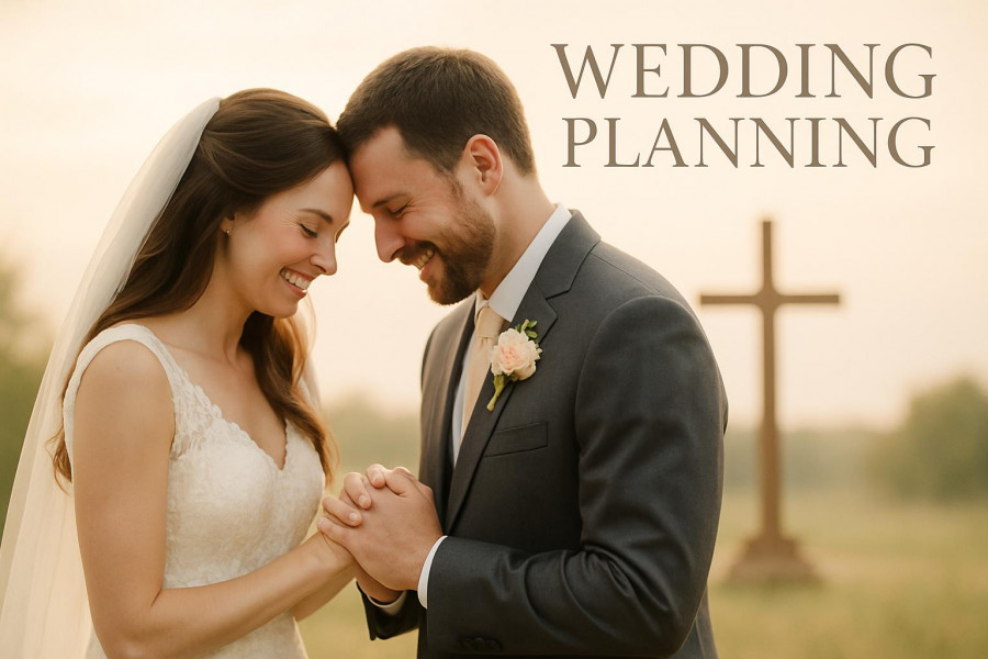Joyful bride and groom in prayer, embracing wedding planning tips with a Christ-centered focus.