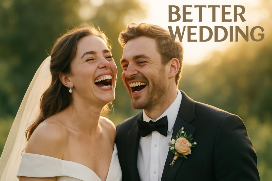 Joyful couple in wedding attire sharing laughter, perfect for intimate wedding ideas.