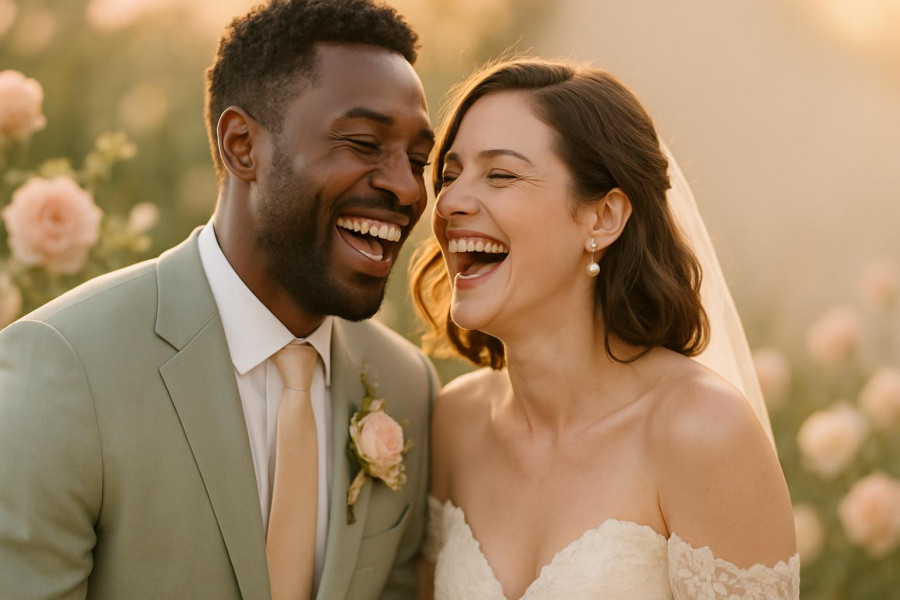 Happy diverse couple laughing in soft floral setting, embodying immersive wedding experiences.