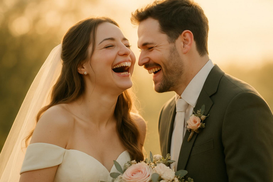 Joyful bride and groom capture inclusive wedding ideas with natural sunlight.