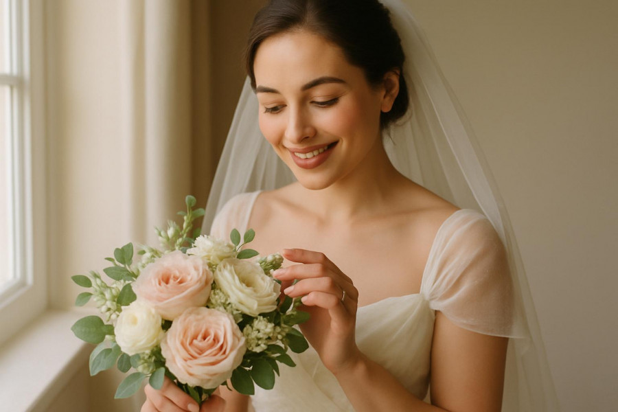 Smiling bride radiating joy, embracing wedding planning strategies with calm confidence.