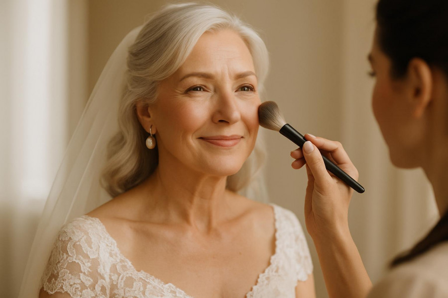 Confident mature bride with blush makeup, embodying bridal beauty tips in soft natural light.