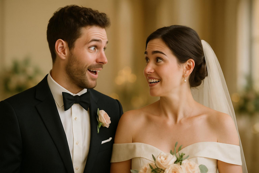 Joyful couple sharing a glance, embodying wedding budget tips and Christ-centered weddings.