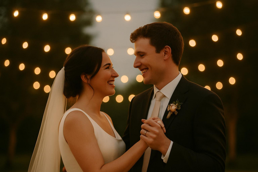 Joyful couple sharing a romantic first dance, perfect for popular wedding songs.